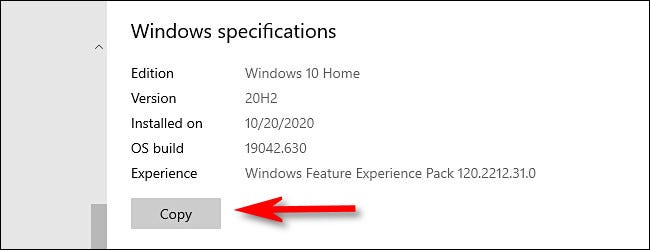 In Windows Settings, click the Copy button to copy your Windows specifications to the clipboard.