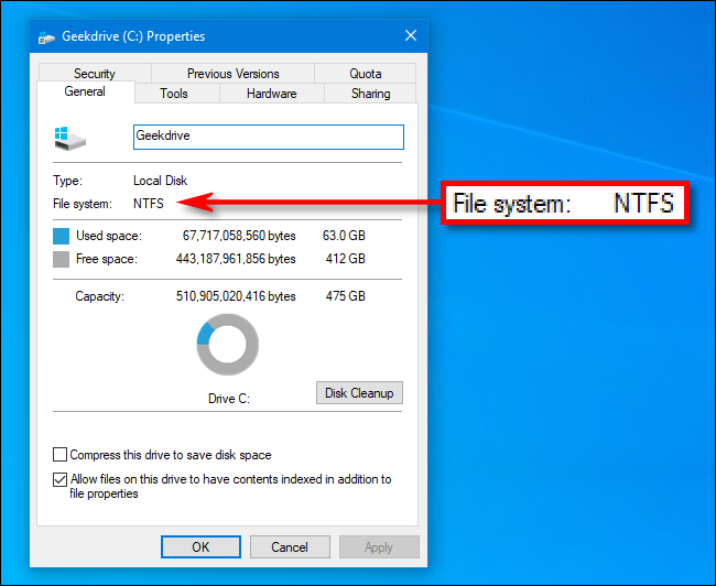 Viewing a drive's file system in the Properties window in Windows 10