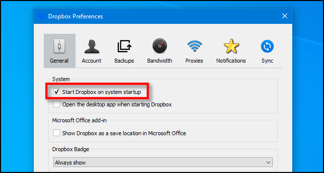Uncheck Start Dropbox on system startup on Windows 10.