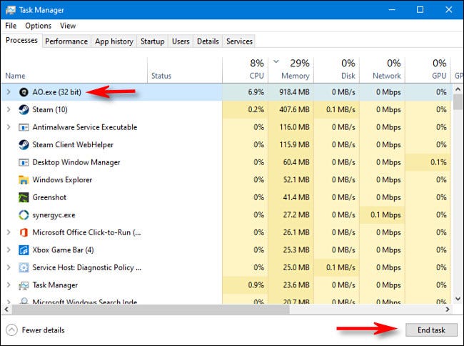 To kill a process in Task Manager for Windows 10, select the process from the list and click End task.