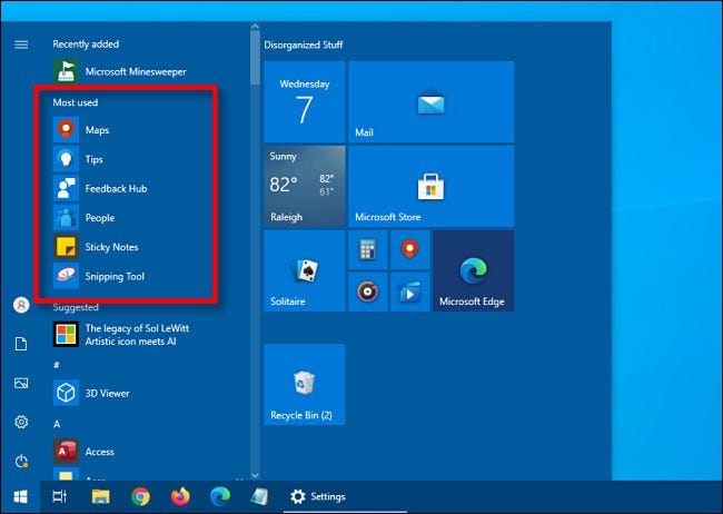 The Most used apps list in the Windows 10 Start menu