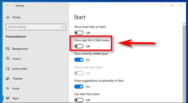 In Windows 10 Settings, click the Show app list in Start menu switch to turn it off.