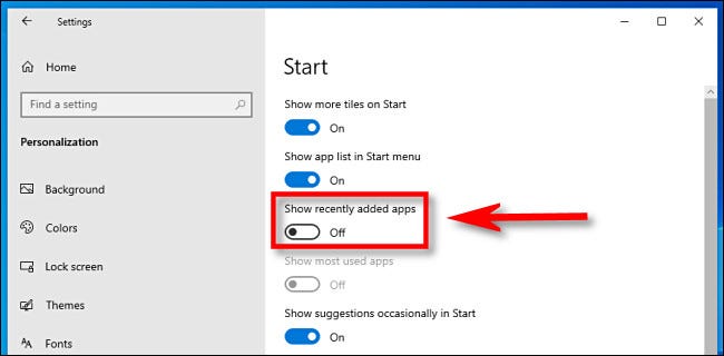 In Windows 10 Settings, click the Show recently added apps switch to turn it off.