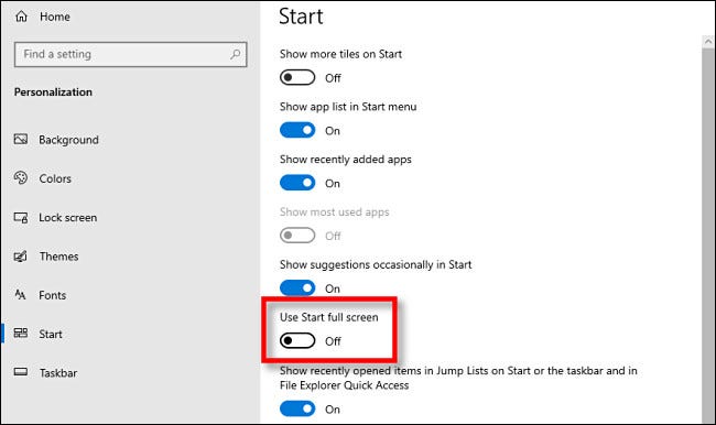 In Windows 10 Settings, click the Use Start full screen switch.