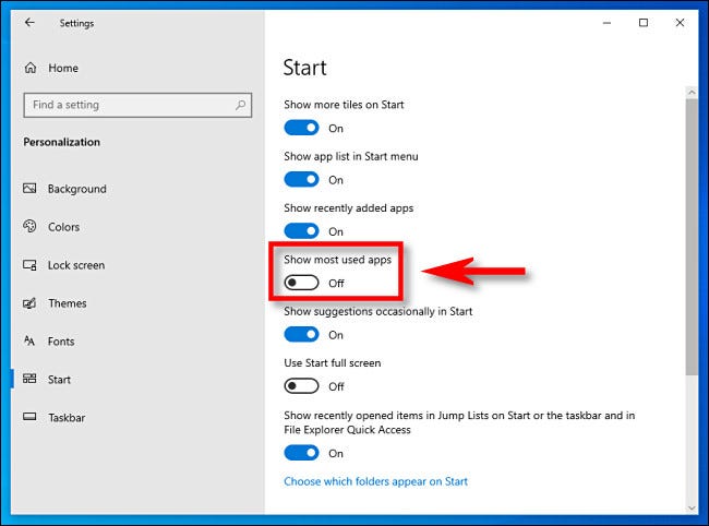 In Windows 10 Settings, click the Show most used apps switch to turn it off