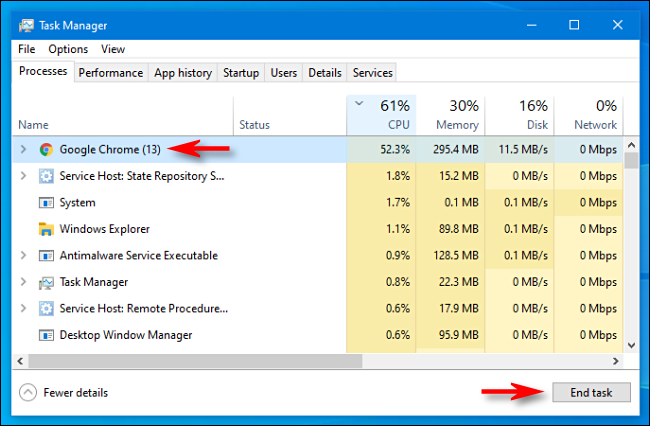 Select the process in Task Manager and click End Task in Windows 10.