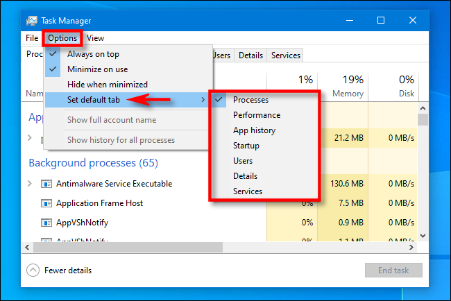 In Task Manager, click Options and select Set default tab