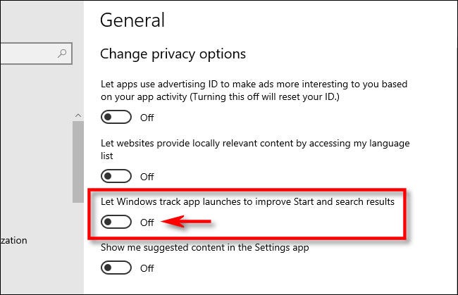 In Windows Settings, click the switch beside Let Windows track app launches to improve Start and search results to turn it Off.