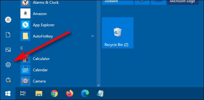 In the Windows 10 Start Menu, click the gear icon to open Settings.