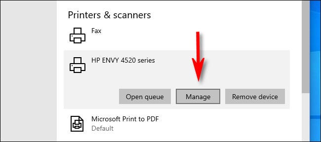 In Windows 10 Settings, click the printer you'd like to set as default and select Manage.