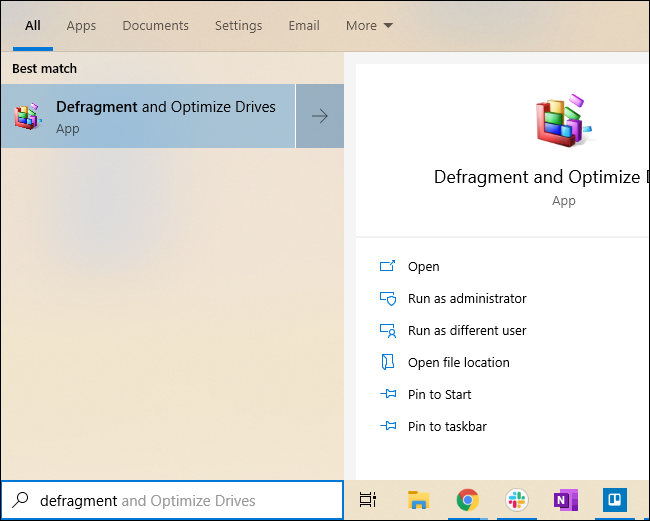 Launching the Disk Defragmenter from Windows 10's Start menu