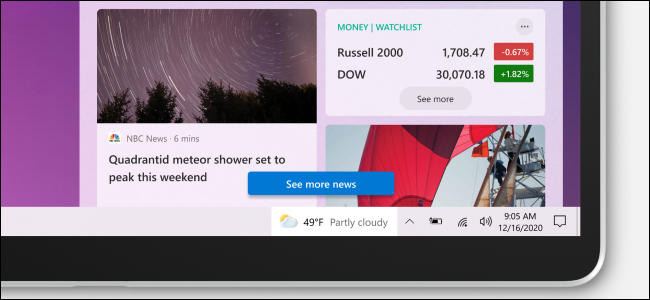 Windows 10's News and Weather taskbar widget.