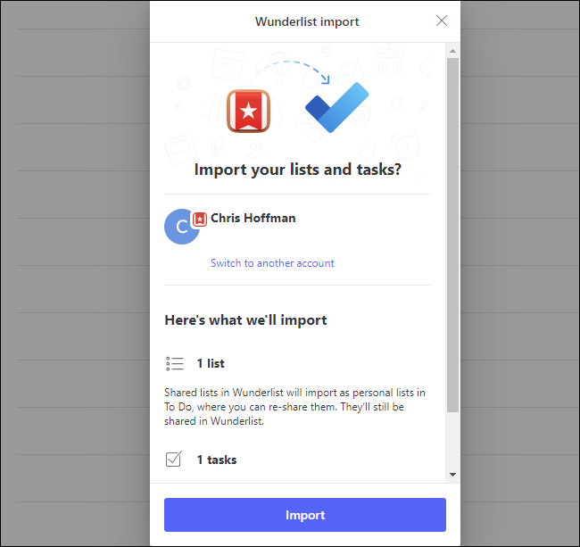 The Wunderlist Import confirmation prompt in Microsoft To Do
