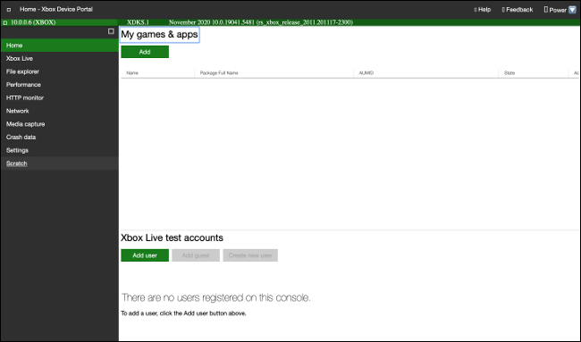 Xbox Developer Mode Web Interface