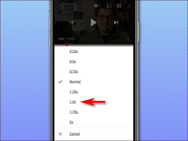 Select the YouTube playback speed you'd like from the list.