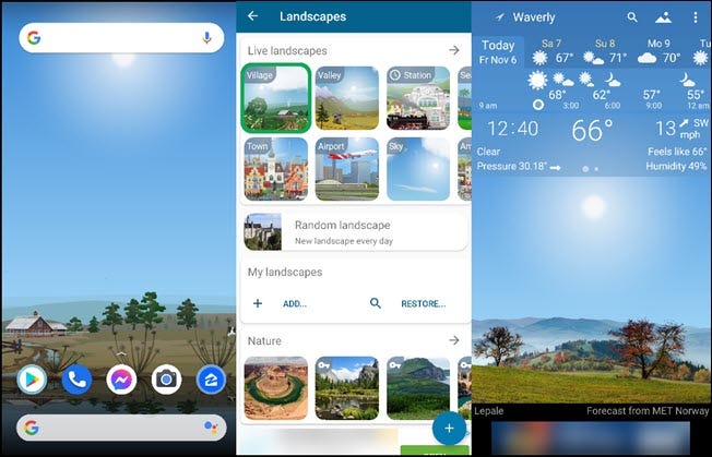 Three landscapes and the local weather on the Yowindow app.