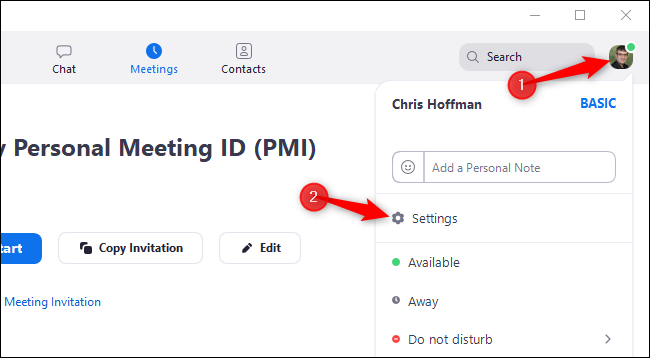 Click your profile icon in Zoom and select Settings