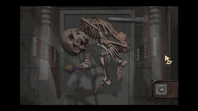 A skeleton in a scene from Zork Nemesis.